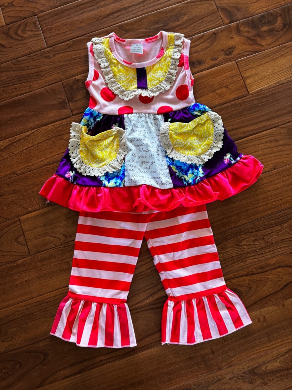 Girls Multicolor Patchwork top with Pink Stripe ruffle bottoms